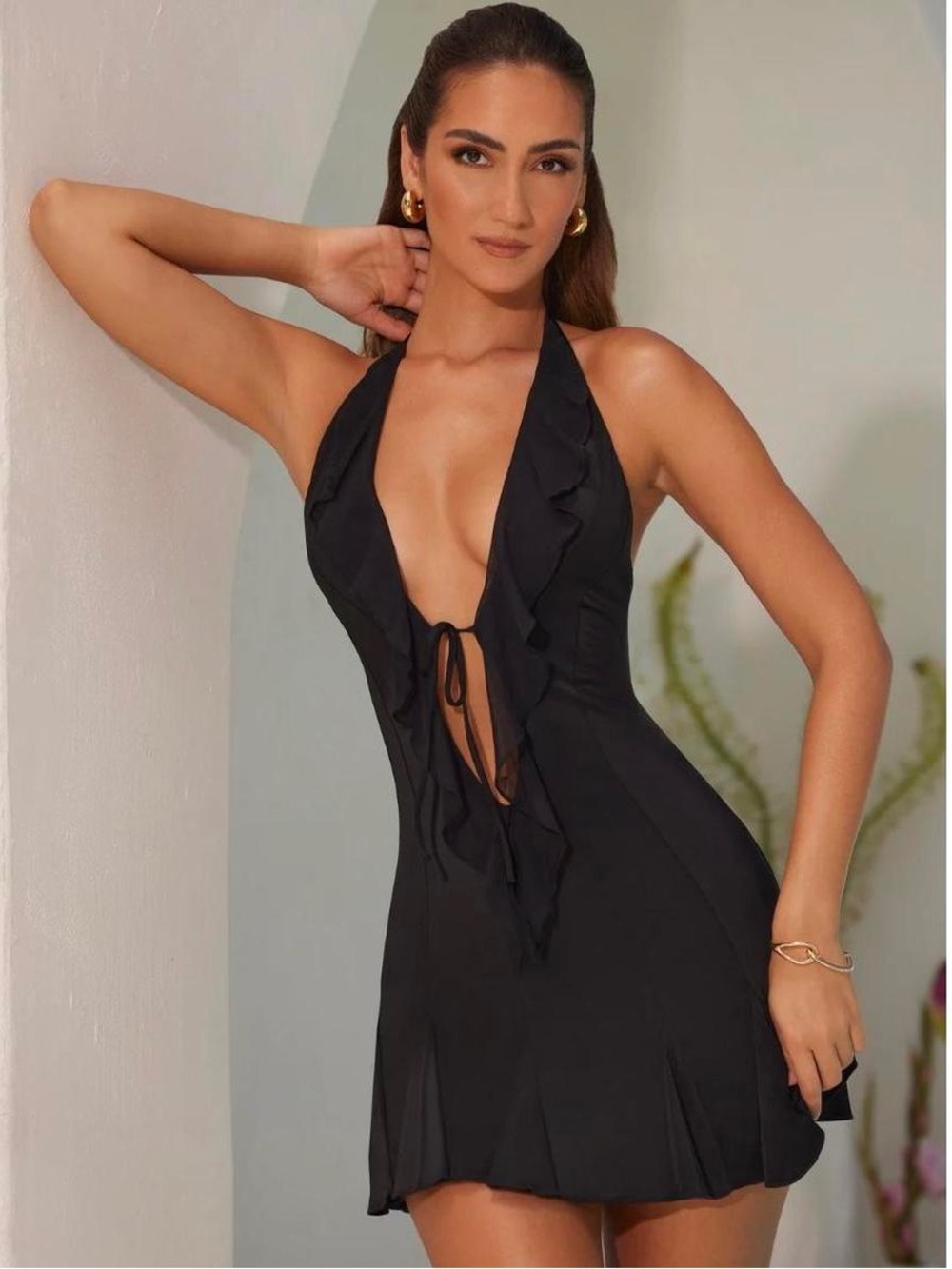 Oh Polly - Sienna Black Ruffle Halter Mini Dress